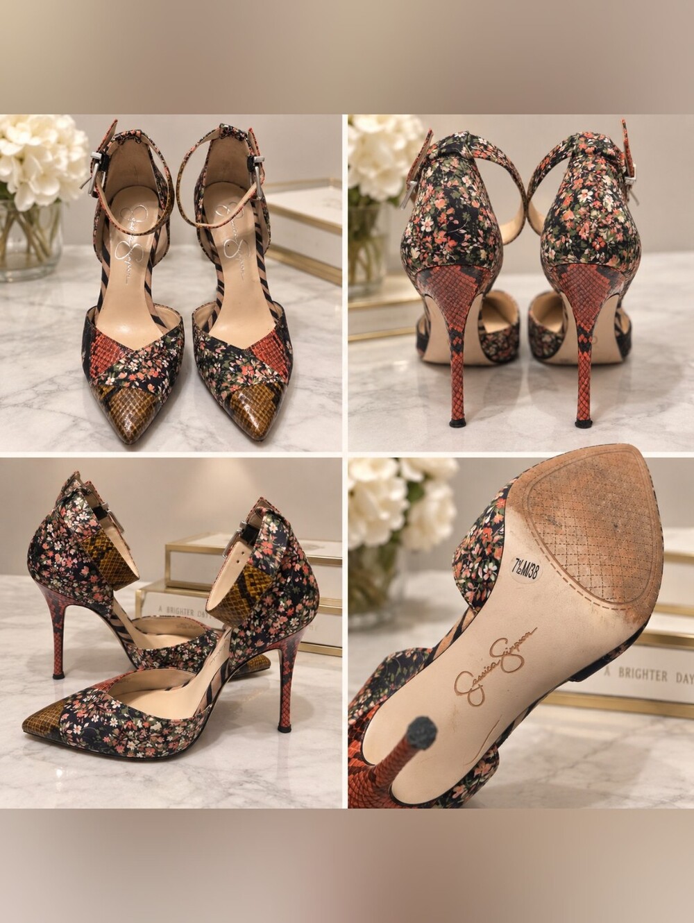 Jessica Simpson Floral & Snakeskin Pointed Toe Ankle Strap Heels – Size 7.5